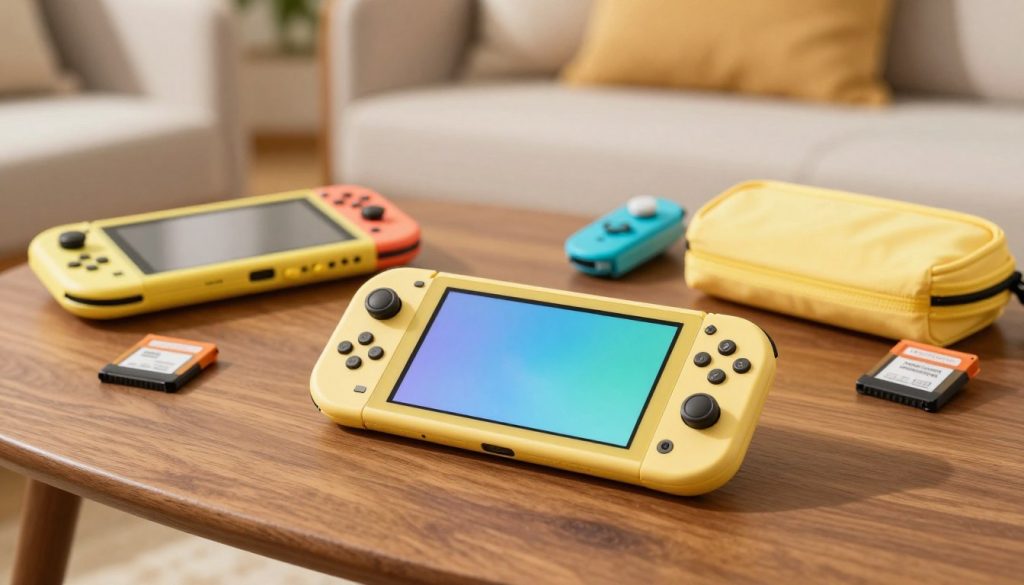 A Nintendo Switch Lite in a soft pastel yellow finish sits prominently in the foreground, angled slightly to showcase its sleek design and vibrant screen. The device is surrounded by an array of colorful gaming accessories, such as a protective case, carrying pouch, and a few game cartridges, all creating a playful yet practical scene. In the middle ground, there's a stylish wooden tabletop that adds warmth and a cozy atmosphere. The background features a softly blurred living room setting with a comfy couch and scattered cushions, indicative of a casual gaming environment. Warm, natural lighting illuminates the scene, highlighting the textures and colors, creating an inviting mood that emphasizes the idea of portable gaming. The angle of the shot is slightly overhead to capture the entirety of the arrangement.
