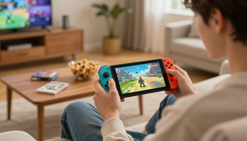 A Nintendo Switch in portable mode, held by a young adult in casual, comfortable clothing, sitting on a cozy couch. The person is engaged in gaming, with a look of concentration. In the foreground, the Switch is clearly visible, showcasing its vibrant screen displaying an action-packed game scene. The middle ground features a coffee table with a few scattered game cartridges and a snack bowl. The background shows a softly lit living room with warm tones, with a TV in the corner displaying a different gaming setup. The scene is captured with a slight depth of field, emphasizing the Switch, while natural light filters in through a window, creating a relaxed and inviting atmosphere. The overall mood is casual and focused, appealing to gamers of all ages.