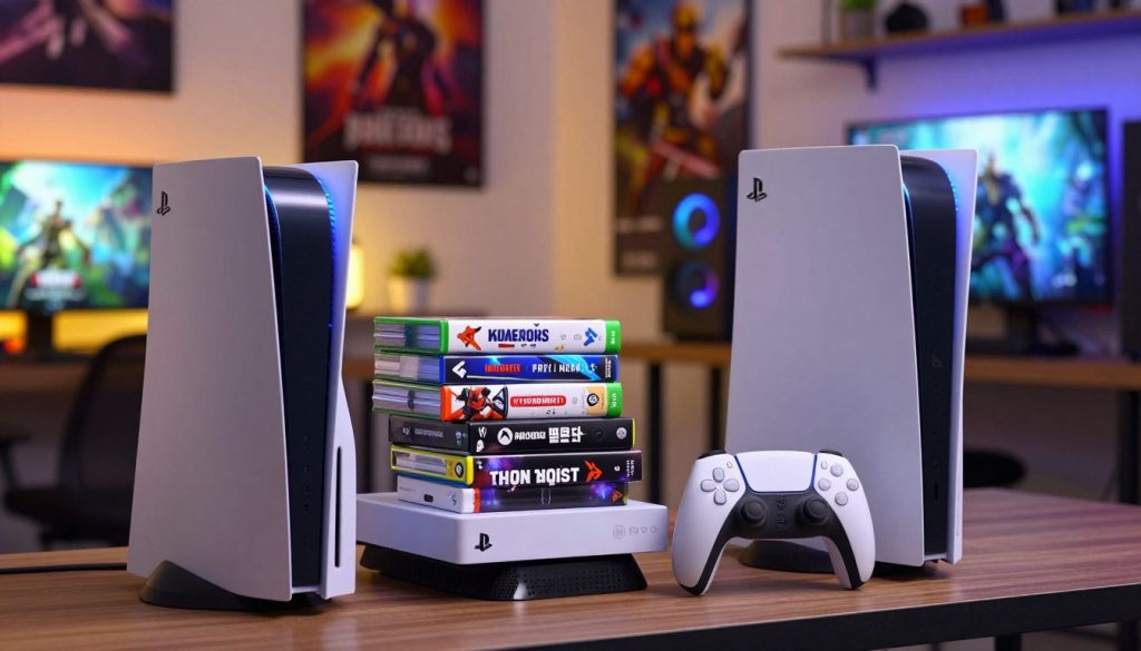 A beautifully arranged display of video game consoles, focusing on a digital edition of a gaming console, such as a PlayStation 5 or Xbox Series X. In the foreground, showcase the sleek design of the console with a glowing digital screen displaying vibrant game graphics. In the middle, include a few popular game titles stacked neatly beside the console, highlighting alternatives like indie games and digital-only releases. The background features a modern gaming setup with ambient lighting, highlighting a cozy gaming area with posters of game art on the walls. The scene should evoke excitement and innovation, captured in warm, inviting tones with soft, diffused lighting. Use a slightly angled perspective to create depth, emphasizing the details of the consoles and their digital nature.