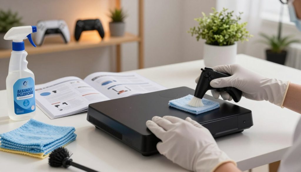 A clean, organized workspace featuring a console gaming device on a table, with cleaning tools like microfiber cloths, brushes, and isopropyl alcohol nearby. In the foreground, a pair of professional hands wearing gloves carefully prepares to clean the console, ensuring safety and precision. The middle ground shows an open instruction manual with safety tips next to the cleaning supplies, subtly illuminated by soft, warm lighting. The background has a neatly arranged shelf with gaming accessories and a plant for a touch of greenery, creating a calming atmosphere. The lens focuses on the hands and console, capturing the importance of preparation and safety while cleaning. The overall mood is professional and informative, conveying a sense of responsibility and care in console maintenance.