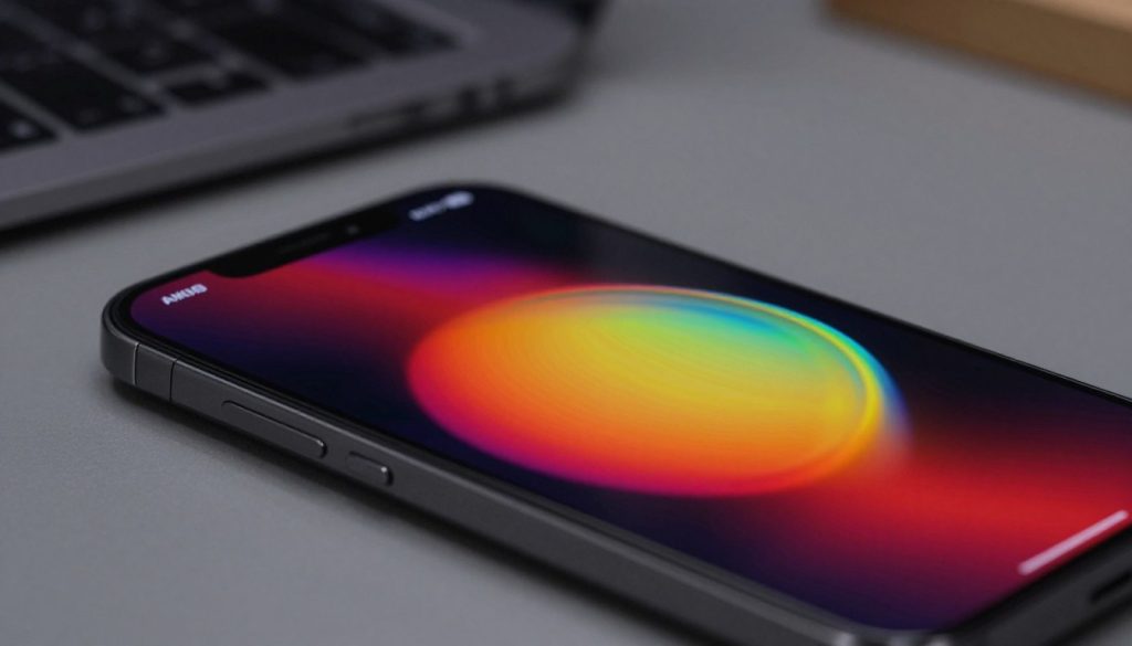 A close-up of a high-end smartphone screen showcasing vibrant AMOLED technology. The foreground features the screen displaying a visually stunning, high-resolution image with deep blacks and vivid colors. In the middle, incorporate a sleek smartphone body reflecting a modern design, perhaps in a minimalist setting. The background should be softly blurred to hint at a workspace, with subtle ambient lighting that highlights the phone’s features without being distracting. Capture the scene at a slight angle to add depth, creating an atmosphere of sophistication and technological innovation. Emphasize clarity and detail, making the display the focal point, evoking a sense of excitement about advanced mobile displays and multimedia experiences.