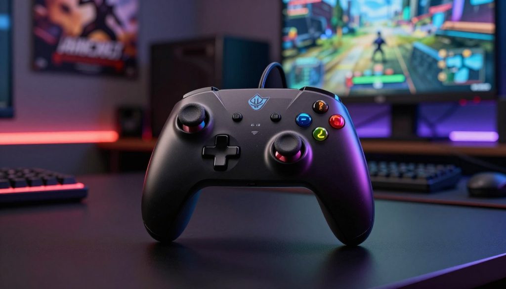 A close-up of a high-performance gaming controller with customizable buttons and vibrant LED lights, positioned on a sleek gaming desk. The controller features an ergonomic design and reflects modern technological upgrades for competitive gaming, showcasing various attachments like thumb grips and trigger stops. In the background, soft focus reveals a dimly lit gaming room adorned with posters of popular video games and a large screen displaying an exciting in-game scene, enhancing the atmosphere of intensity and focus. The lighting is dramatic, highlighting the controller’s details while casting gentle shadows. The overall mood conveys readiness and excitement for intense gaming sessions, emphasizing the importance of performance upgrades in competitive environments.