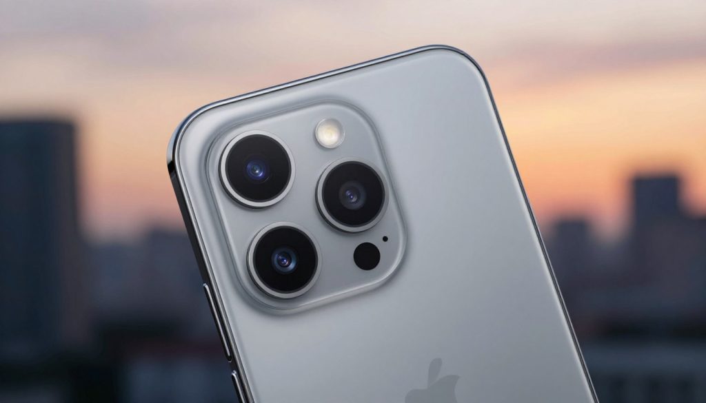 A close-up of a modern smartphone with an advanced rear camera system prominently displayed. The camera module features multiple lenses and a sleek design, showcasing intricate details like the glass lens reflections and LED flash. Set against a soft-focus background of a blurred urban landscape, hinting at vibrant colors in the sunset sky. Use natural lighting to accentuate the smartphone's glossy finish, emphasizing the premium quality of the camera. Capture the image from a slightly elevated angle, allowing the viewer to appreciate the camera's features while creating a sense of depth. The mood should be sophisticated and inviting, appealing to tech enthusiasts looking for budget-friendly options.