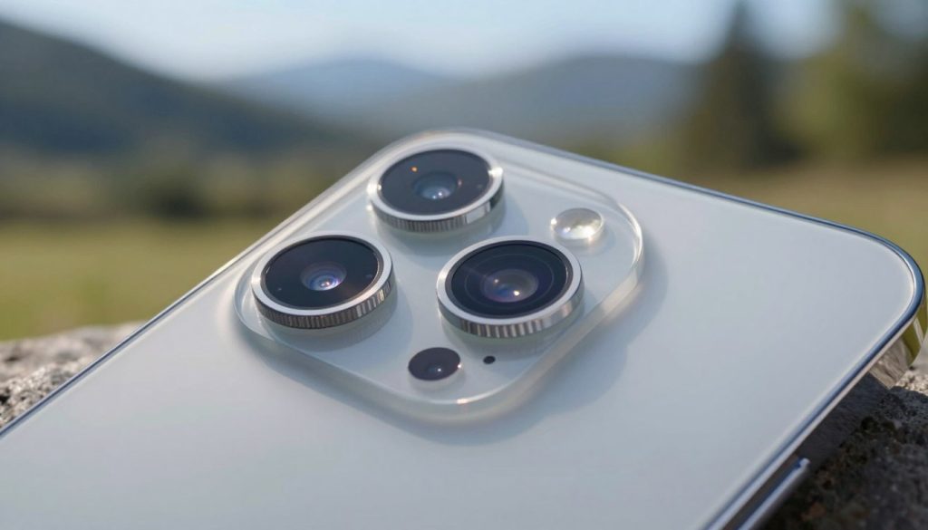 A close-up shot of a high-end smartphone with multiple camera lenses, showcasing various types: a telephoto lens, an ultrawide lens, and a macro lens. In the foreground, focus on the sleek design of the smartphone, highlighting the details of the camera lenses with glimmering reflections in the glass. The middle ground features a blurred background of a scenic outdoor environment, illustrating how these lenses can capture stunning landscapes and fine details up close. The lighting is bright and natural, capturing the essence of a sunny day, with soft shadows enhancing the dimensions of the smartphone. The mood is tech-savvy and innovative, inviting viewers to explore the complexities and capabilities of modern smartphone cameras for diverse photography needs.