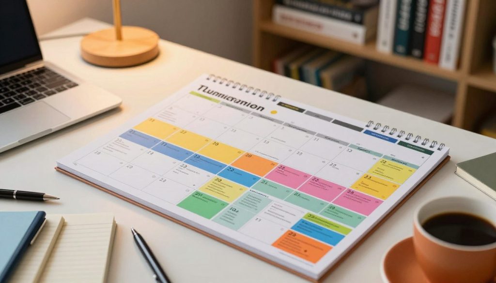 A close-up view of a colorful, organized calendar filled with tasks and study schedules, featuring various time blocks highlighted in vibrant colors. In the foreground, a neatly arranged desk with a laptop, stationery including pens and note pads, and a warm cup of coffee to create a studious atmosphere. In the middle, the calendar takes center stage, displaying an intricate design with sections for different subjects and deadlines. In the background, a softly blurred bookshelf filled with educational materials and motivational quotes. The lighting is warm and inviting, softly illuminating the workspace from a desk lamp, creating a focused and productive mood. The angle is slightly top-down to capture the details effectively. A close-up view of a colorful, organized calendar filled with tasks and study schedules, featuring various time blocks highlighted in vibrant colors. In the foreground, a neatly arranged desk with a laptop, stationery including pens and note pads, and a warm cup of coffee to create a studious atmosphere. In the middle, the calendar takes center stage, displaying an intricate design with sections for different subjects and deadlines. In the background, a softly blurred bookshelf filled with educational materials and motivational quotes. The lighting is warm and inviting, softly illuminating the workspace from a desk lamp, creating a focused and productive mood. The angle is slightly top-down to capture the details effectively.