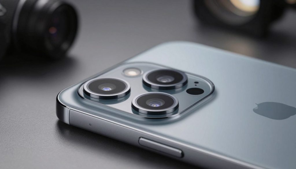 A close-up view of a modern smartphone’s rear camera setup, prominently featuring a multi-lens system with various sensors and a sleek design. The foreground highlights the camera lenses, showcasing their reflective surfaces and intricate detailing. The middle ground emphasizes the phone's elegant body, emphasizing its ergonomic edges and premium materials. In the background, softly blurred elements suggest a professional setting, subtly hinting at a filming environment with soft lighting to create a sophisticated atmosphere. The image should convey a sense of cutting-edge technology and innovation, with an overall mood that is sleek and modern. Capture the essence of high-quality photography equipment in a manner that highlights the smartphone's advanced camera features.