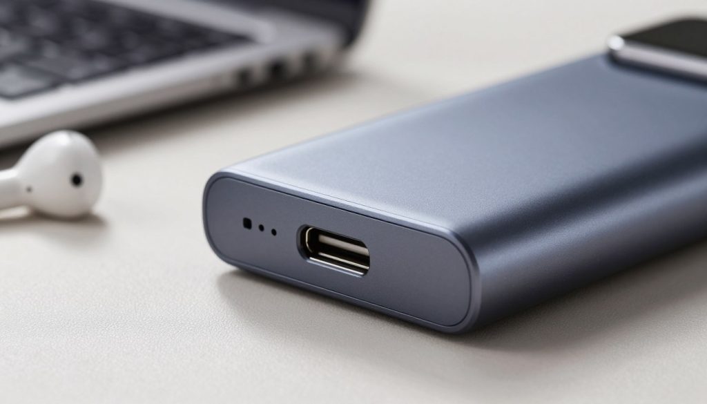 A close-up view of a sleek, modern USB-C port integrated into a high-quality power bank, showcasing its functional design. The foreground features the USB-C port in sharp focus, highlighting its fine detailing and metallic finish. In the middle ground, the power bank sits on a soft, textured surface, with shadows adding depth. The background is softly blurred, featuring a stylish workstation with subtle hints of accessories like wireless earbuds and a smartwatch to suggest compatibility. The lighting is bright yet soft, casting a natural glow that emphasizes the texture of the materials. The overall mood is professional and tech-savvy, suitable for showcasing advanced technology in everyday use. A close-up view of a sleek, modern USB-C port integrated into a high-quality power bank, showcasing its functional design. The foreground features the USB-C port in sharp focus, highlighting its fine detailing and metallic finish. In the middle ground, the power bank sits on a soft, textured surface, with shadows adding depth. The background is softly blurred, featuring a stylish workstation with subtle hints of accessories like wireless earbuds and a smartwatch to suggest compatibility. The lighting is bright yet soft, casting a natural glow that emphasizes the texture of the materials. The overall mood is professional and tech-savvy, suitable for showcasing advanced technology in everyday use.