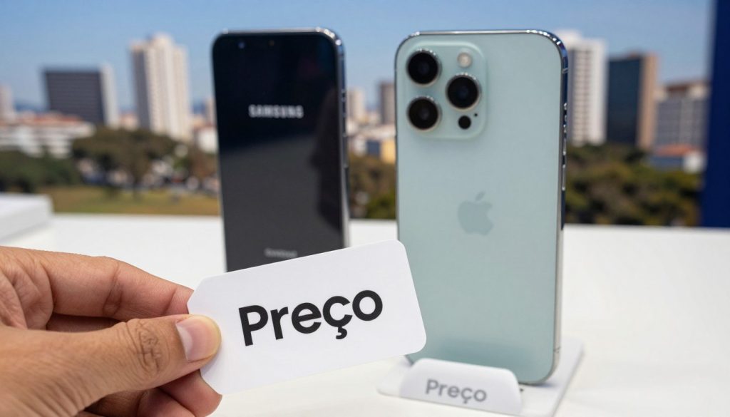 A close-up view of a table showcasing the prices of Samsung and iPhone smartphones in Brazil, with two sleek, modern devices side by side, one Samsung Galaxy and one iPhone, both displayed prominently. In the foreground, a hand holding a price tag labeled "Preço" in bold, stylish font, while in the background, a subtle blurred image of a cityscape of Brazil, symbolizing the local market. The lighting is bright and natural, emphasizing the details of the smartphones and the price tag, creating a professional and informative atmosphere. The angle should be slightly above eye-level, giving a dynamic perspective that highlights the products' features while maintaining a clean and unobtrusive aesthetic.