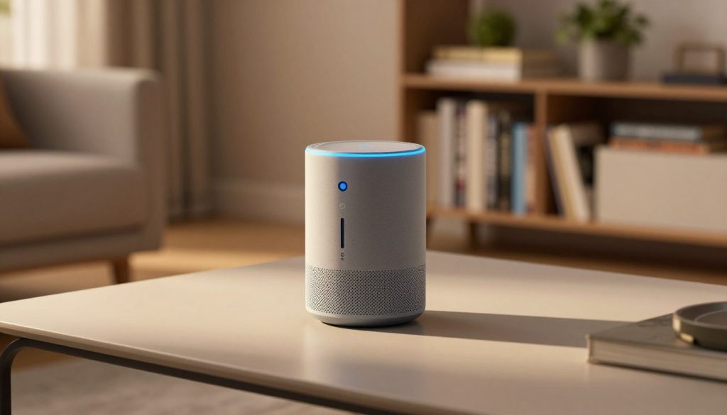 A close-up view of the new Alexa Plus device in a modern, elegantly designed living room. The device is on a sleek coffee table, surrounded by a soft, warm light that creates a cozy atmosphere. In the background, a stylish bookshelf filled with technology books and decorative plants provides context. The shot is taken from a slightly elevated angle, allowing viewers to see the intricate details of the device, such as its modern interface and sleek finish. Soft shadows add depth to the scene, enhancing the inviting feel. The overall mood is forward-thinking and tech-savvy, encouraging viewers to consider smart home technology.