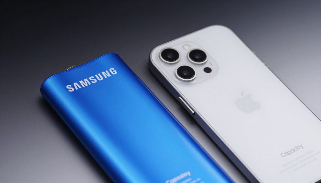 A close-up view of two smartphone batteries side by side, emphasizing their size and design differences. The foreground shows a Samsung battery on the left, sleek and modern, with a vibrant blue color scheme, while the iPhone battery on the right showcases a contrasting silver and white aesthetic. Both batteries have clear text labels indicating their capacity. In the middle, a subtle gradient background fades from dark to light, highlighting the batteries. Soft, diffused lighting creates a professional atmosphere, casting gentle shadows to enhance texture. The angle is slightly tilted for a dynamic perspective, promoting a sense of comparison. The overall mood is informative and tech-focused, suitable for illustrating a discussion on battery capacity and optimization.