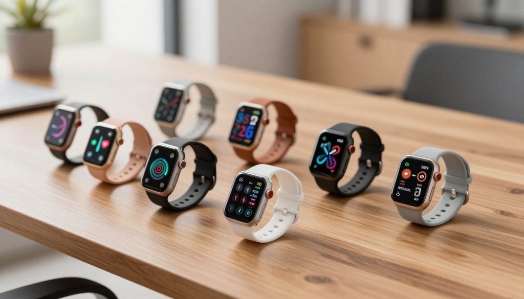 A collection of smartwatches arranged elegantly on a sleek wooden table, showcasing various models with health-monitoring features such as heart rate, step count, and sleep tracking. In the foreground, a crystal-clear smartwatch is highlighted with its screen displaying health notifications and user-friendly interfaces. The middle ground features a diverse range of smartwatches in different styles, some with sport bands and others with a more professional look. The background is softly blurred, depicting subtle hints of a modern office environment with soft, natural lighting filtering through a window, creating a warm and inviting atmosphere. Capture this scene from a slightly elevated angle to emphasize the watches and their advanced features. The overall mood is one of sophistication and technological innovation, reflecting the best value in smartwatches focused on health and notifications. A collection of smartwatches arranged elegantly on a sleek wooden table, showcasing various models with health-monitoring features such as heart rate, step count, and sleep tracking. In the foreground, a crystal-clear smartwatch is highlighted with its screen displaying health notifications and user-friendly interfaces. The middle ground features a diverse range of smartwatches in different styles, some with sport bands and others with a more professional look. The background is softly blurred, depicting subtle hints of a modern office environment with soft, natural lighting filtering through a window, creating a warm and inviting atmosphere. Capture this scene from a slightly elevated angle to emphasize the watches and their advanced features. The overall mood is one of sophistication and technological innovation, reflecting the best value in smartwatches focused on health and notifications.