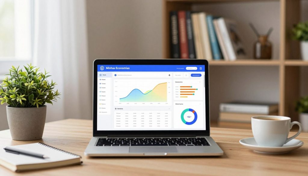 A cozy and modern workspace featuring a laptop open on a financial app interface labeled "Minhas Economias," showing colorful graphs and budget tools. In the foreground, a neatly arranged desk with a potted plant, a notebook, and a cup of coffee. The middle section features a close-up of the financial app's vibrant dashboard displaying budget categories and savings goals. The background includes a softly blurred bookshelf filled with finance and productivity books, providing a warm and inviting atmosphere. Soft, natural light filters through a window, casting gentle shadows, enhancing the productive yet relaxed mood of the scene. The image focuses on organization and financial empowerment without any text or distractions.