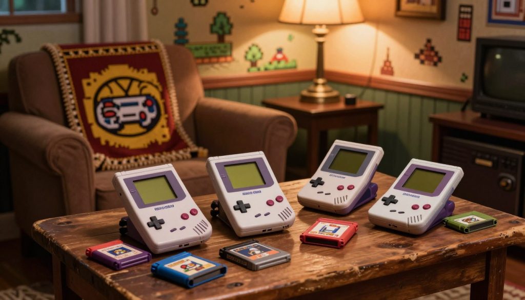 A cozy gaming nook showcasing a collection of retro handheld consoles from the 1980s and 1990s, including items like the Game Boy, Sega Game Gear, and Neo Geo Pocket. In the foreground, a worn wooden table holds the consoles, surrounded by colorful game cartridges scattered about. The middle ground features an inviting armchair, adorned with a vintage gaming-themed throw, while a vintage lamp provides warm, soft lighting, casting gentle shadows. The background reveals a nostalgic wallpaper with pixel art designs reminiscent of classic video games, enhancing the retro atmosphere. The scene conveys a sense of warmth and nostalgia, perfect for celebrating timeless gaming experiences, captured from a slightly elevated angle for depth.