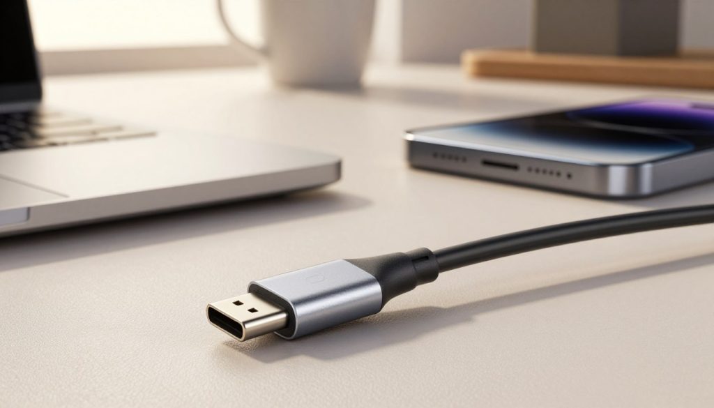 A detailed close-up of a high-speed USB-C cable placed elegantly on a softly textured surface, showcasing its sleek design and durable connectors. In the foreground, the cable should be the focal point, highlighting its metallic connectors and robust, flexible sheath, with subtle reflections to suggest quality. In the middle, introduce a few related accessories like a laptop and smartphone, suggesting their compatibility and use cases, creating a practical context. In the background, a softly blurred workspace environment enhances the professionalism, illuminated by warm, natural light streaming through a window, conveying a calm and efficient atmosphere. The angle should be slightly overhead, providing a comprehensive view that captures both detail and context while maintaining a clean, uncluttered look.