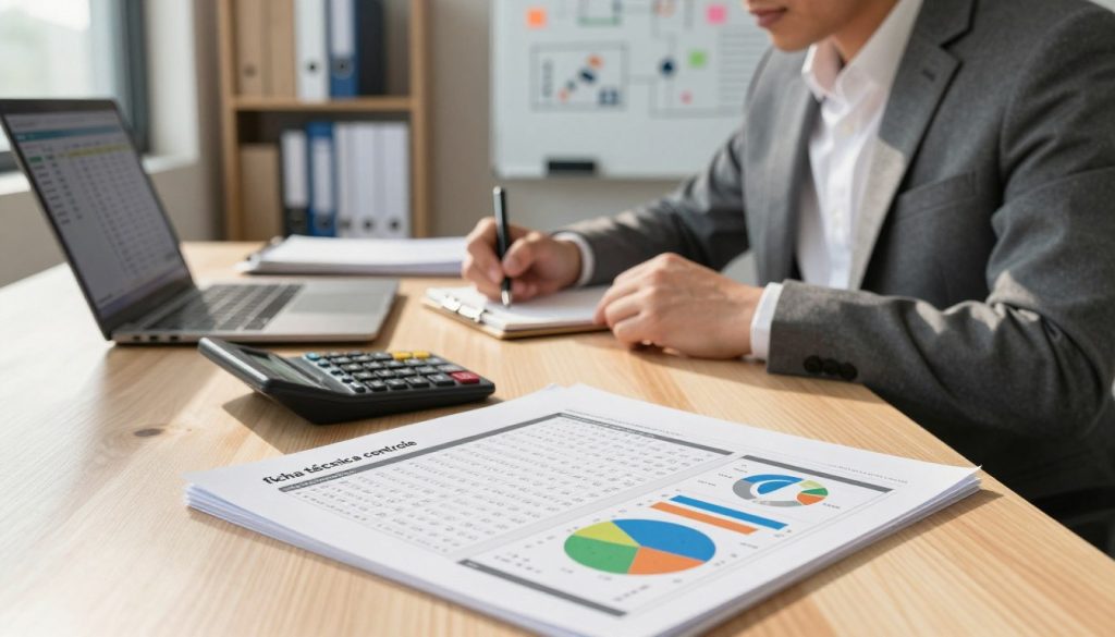 A detailed workspace scene depicting a "ficha técnica controle" being utilized for process management, quality assurance, and cost control. In the foreground, a well-organized desk with a detailed technical sheet showing various metrics and visual graphs, alongside a high-quality calculator and an open laptop displaying data analysis software. In the middle ground, a professional in business attire analyzing the ficha técnica, focused and taking notes, embodying diligence and expertise. In the background, a modern office environment with shelves of files and a whiteboard filled with project planning sketches. Warm, natural lighting pours in from a window, creating a productive and inspiring atmosphere with soft shadows and a sense of clarity. The image conveys professionalism and a commitment to quality management.
