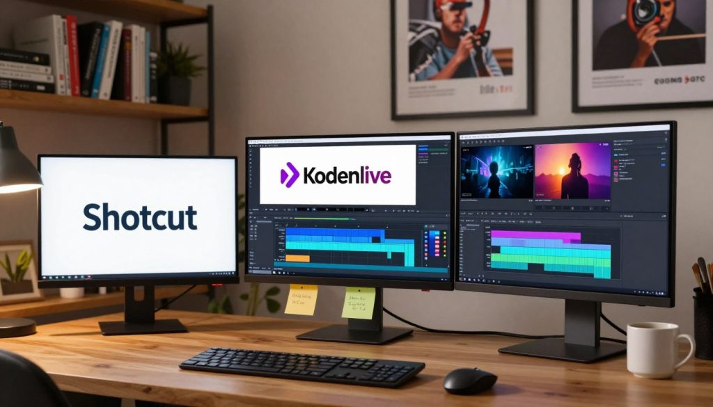 A digital workspace featuring three prominent open-source video editing software icons: Shotcut, Kdenlive, and OpenShot. In the foreground, a sleek computer monitor displays a vibrant editing interface, with colorful timelines and video previews. A keyboard and mouse are placed on a wooden desk with a minimalistic design. In the middle, there are subtle hints of workspace items like sticky notes and a coffee mug, suggesting an organized yet creative environment. The background features a soft-focus bookshelf filled with tech books and framed posters of popular video editing techniques. The lighting is warm and inviting, coming from a desk lamp, creating a cozy and motivating atmosphere. The overall mood is one of productivity and inspiration, perfect for users of modest PCs.