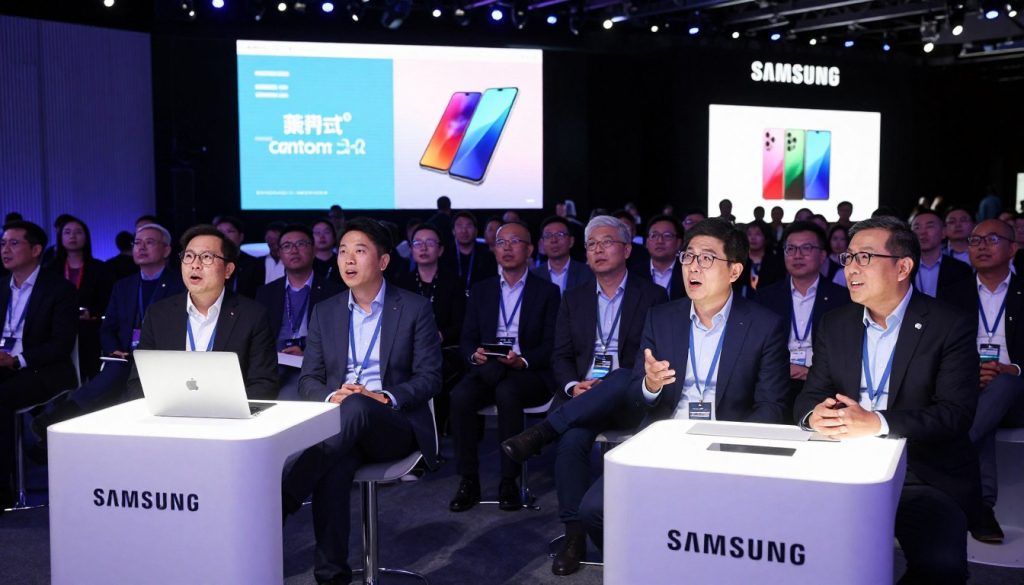A dynamic conference scene focusing on two sleek, modern podiums, one showcasing Apple's latest products and the other featuring Samsung's innovations. In the foreground, a diverse group of professionals in business attire attentively engaging with the presentations, their expressions a blend of intrigue and excitement. In the middle ground, high-tech displays illuminate the scene, showcasing vibrant product images and graphs highlighting key features and advancements. The background is filled with a stylish audience, creating a buzz of anticipation, with ambient lighting casting a soft glow over the entire event. A sense of innovation and competition permeates the atmosphere, representing the intersection of technology and design at this high-stakes showcase.
