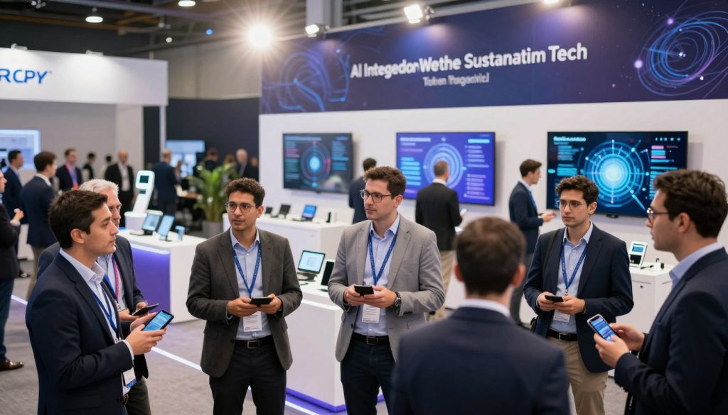 A dynamic tech conference scene showcasing the latest trends in technology. In the foreground, a diverse group of professionals dressed in smart business attire are engaged in deep discussion, holding digital devices. The middle ground features sleek display booths with innovative gadgets and interactive screens, demonstrating cutting-edge advancements. The background includes a large banner highlighting futuristic themes, subtly suggesting upcoming trends like AI integration, sustainable tech, and metaverse interactions. Soft, ambient lighting creates a vibrant yet professional atmosphere, with lens flares capturing the excitement of the event. The angle is slightly elevated, providing a comprehensive view that encapsulates the energy and forward-thinking spirit of tech events.