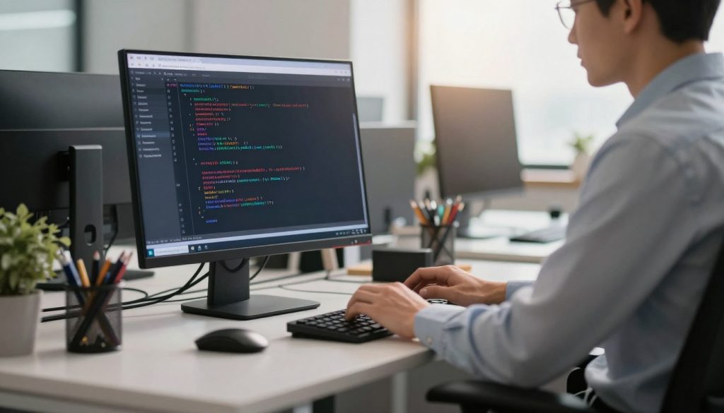 A focused composition depicting a computer screen displaying the Command Prompt (CMD) interface with lines of code related to activating Windows. In the foreground, a professional individual dressed in smart casual attire, such as a neat shirt and trousers, is intently typing on a keyboard. The middle layer showcases a modern, sleek office setup with a stylish desk, ergonomic chair, and a few neatly arranged office supplies. In the background, soft natural lighting filters through a window, creating a warm and inviting atmosphere. The lens captures the scene with a slightly blurred background to emphasize the task at hand, evoking a sense of concentration and professionalism in a tech-savvy environment. The overall mood is one of focus and expertise, suitable for a technological article.