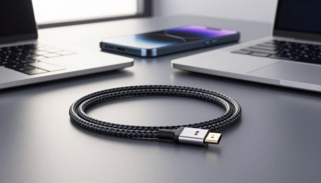 A high-speed USB-C cable lying on a sleek, modern desk, with a laptop and smartphone in the background. The USB-C cable is coiled elegantly, showcasing its durable connectors and braided design, reflecting empowerment and innovation. Soft natural light streams in from a window, creating gentle shadows and highlighting the texture of the cable. The focus is sharply on the USB-C cable in the foreground, with a slight blur on the electronic devices in the middle background, evoking a sense of technology and efficiency. The overall mood conveys a professional atmosphere, suggesting rapid charging and data transfer capabilities, perfect for tech enthusiasts and professionals alike.