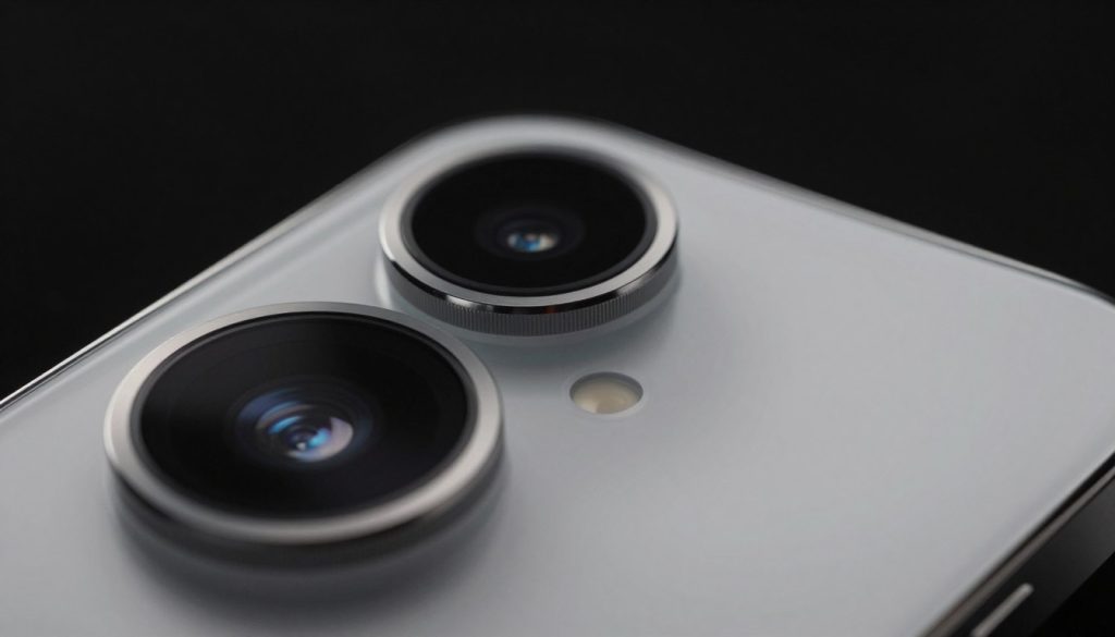 A high-tech, close-up image of the latest smartphone camera system, featuring multiple lenses with advanced optics, set against a sleek black or silver background. The foreground showcases the intricate details of the camera lens, highlighting the glass reflections and metallic texture. In the middle, there's an array of camera sensors and dual-tone flash, designed for superior photography and videography. Soft, diffused lighting casts gentle highlights on the device, emphasizing its modern design. The mood is innovative and cutting-edge, capturing the essence of the iPhone's capabilities in photography. Subtle bokeh in the background enhances the focus on the camera itself, creating an atmosphere of anticipation and excitement.