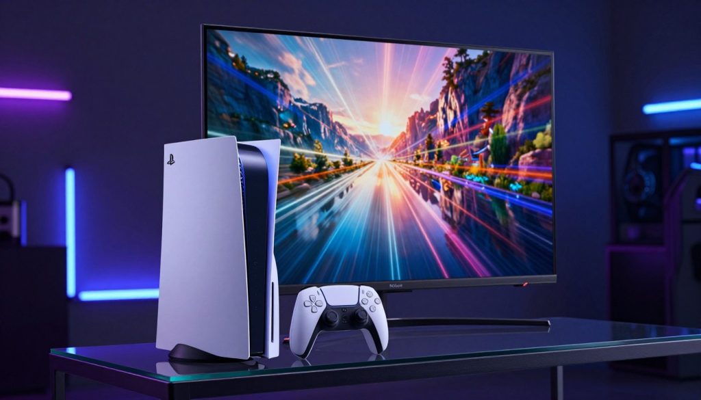 A high-tech gaming setup in a dimly lit environment showcasing ray tracing technology. In the foreground, a sleek gaming console, either PlayStation 5 or Xbox Series X, sits on a modern glass shelf, illuminated by soft ambient lighting reflecting off its glossy surfaces. The middle ground features a large flat-screen TV displaying a vibrant landscape scene with intricate reflections and dynamic lighting effects, showcasing the capabilities of ray tracing. In the background, stylized LED lights in shades of blue and purple create a futuristic atmosphere, enhancing the immersion. The image captures a sense of excitement and cutting-edge technology, inviting viewers to appreciate the stunning visuals enabled by advanced image rendering techniques.