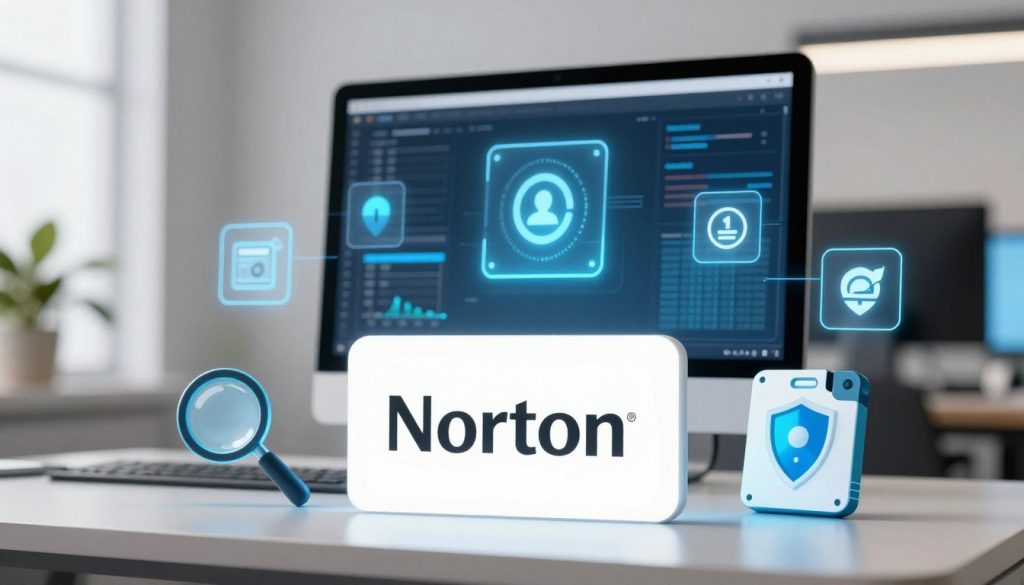 A high-tech scene featuring the Norton logo prominently displayed in the foreground, surrounded by digital icons representing various free antivirus tools, such as a magnifying glass, shield, and recovery disk. The middle ground showcases a sleek computer interface with glowing icons and graphs showing system scans and recoveries in action. The background features a clean, modern office space with soft lighting, highlighting an atmosphere of security and trust. The lighting is bright and inviting, creating a sense of professionalism and reliability. The image captures a feeling of peace and safety in digital security, emphasizing Norton’s commitment to protecting users.