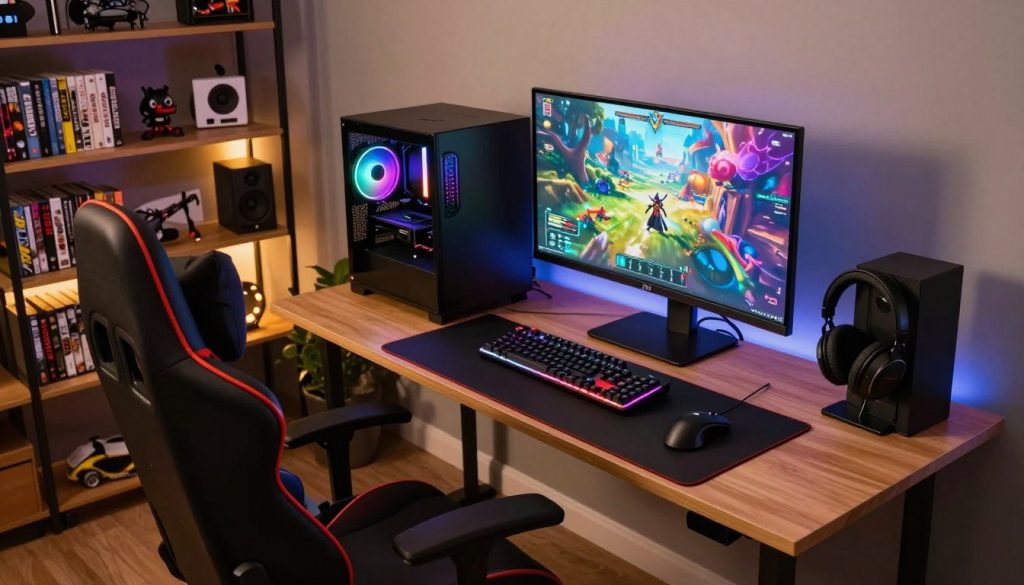 A modern gaming setup in a cozy room, showcasing a high-end PC with RGB lighting and a large monitor displaying colorful game artwork. In the foreground, a stylish gaming chair, slightly turned towards the screen, inviting gamers to sit and play. The middle ground features a sleek desk cluttered with gaming peripherals: a mechanical keyboard, a precision mouse, and a headset resting on a stand. The background reveals a well-organized shelf filled with game titles, collectibles, and speakers, all illuminated by soft ambient lighting. The atmosphere is vibrant yet relaxed, emphasizing an inviting space for gamers. The lighting is warm, creating a welcoming mood while highlighting the technological details. The scene is captured from a slightly elevated angle, giving a comprehensive view of the gaming environment. A modern gaming setup in a cozy room, showcasing a high-end PC with RGB lighting and a large monitor displaying colorful game artwork. In the foreground, a stylish gaming chair, slightly turned towards the screen, inviting gamers to sit and play. The middle ground features a sleek desk cluttered with gaming peripherals: a mechanical keyboard, a precision mouse, and a headset resting on a stand. The background reveals a well-organized shelf filled with game titles, collectibles, and speakers, all illuminated by soft ambient lighting. The atmosphere is vibrant yet relaxed, emphasizing an inviting space for gamers. The lighting is warm, creating a welcoming mood while highlighting the technological details. The scene is captured from a slightly elevated angle, giving a comprehensive view of the gaming environment.