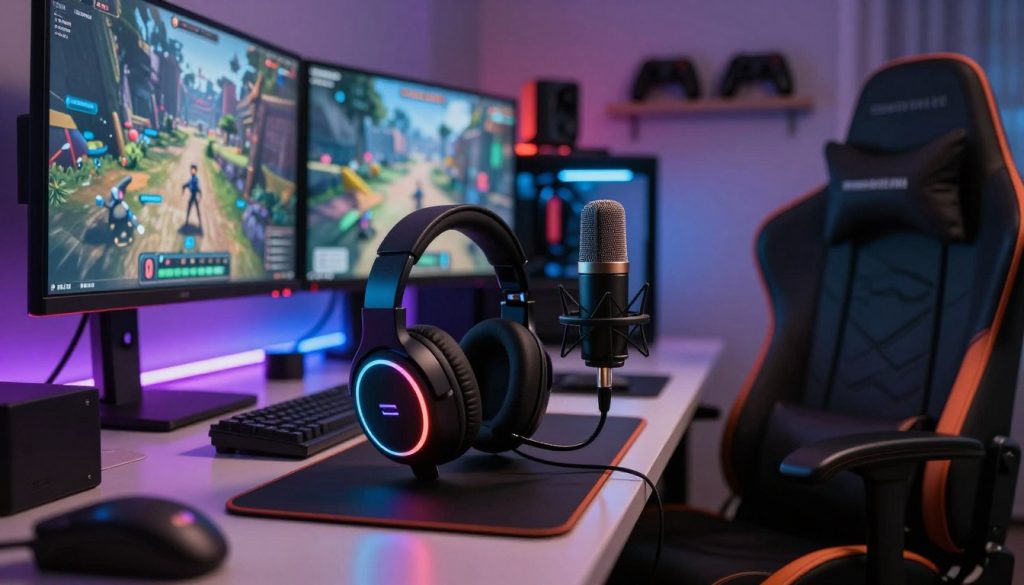 A modern gaming setup in a stylish, dimly lit room, focused on high-quality audio and communication accessories. In the foreground, a sleek gaming headset with RGB lights sits prominently on an elegant desk, with a professional microphone positioned nearby. The middle ground features a dual-monitor display showing immersive gaming visuals, while colorful LED strip lights add a vibrant atmosphere. In the background, a cozy gaming chair is adorned with a well-organized collection of game controllers and audio equipment. Soft, ambient lighting enhances the mood, creating a sense of excitement and engagement. Capture this scene using a shallow depth of field to emphasize the headset and microphone, conveying a competitive gamer’s environment rich in audio and communication essentials.