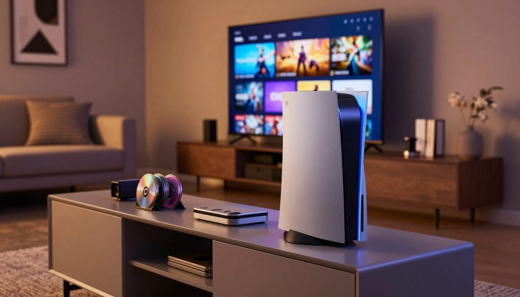 A modern living room scene featuring a sleek gaming console positioned on a stylish media cabinet. In the foreground, the console is illuminated by soft ambient lighting, showcasing its refined edges and glossy surface. In the middle ground, a large flat-screen TV displays vibrant visuals from a media interface, surrounded by well-organized game discs and accessories. The background includes a comfortable sofa with minimalistic decorative pillows, set against a wall with subtle artwork, enhancing the contemporary atmosphere. The lighting is warm and inviting, creating a cozy yet high-tech ambiance. The perspective is slightly angled, showcasing both the console and the entertainment setup, capturing the essence of a multimedia experience in a modern living space.