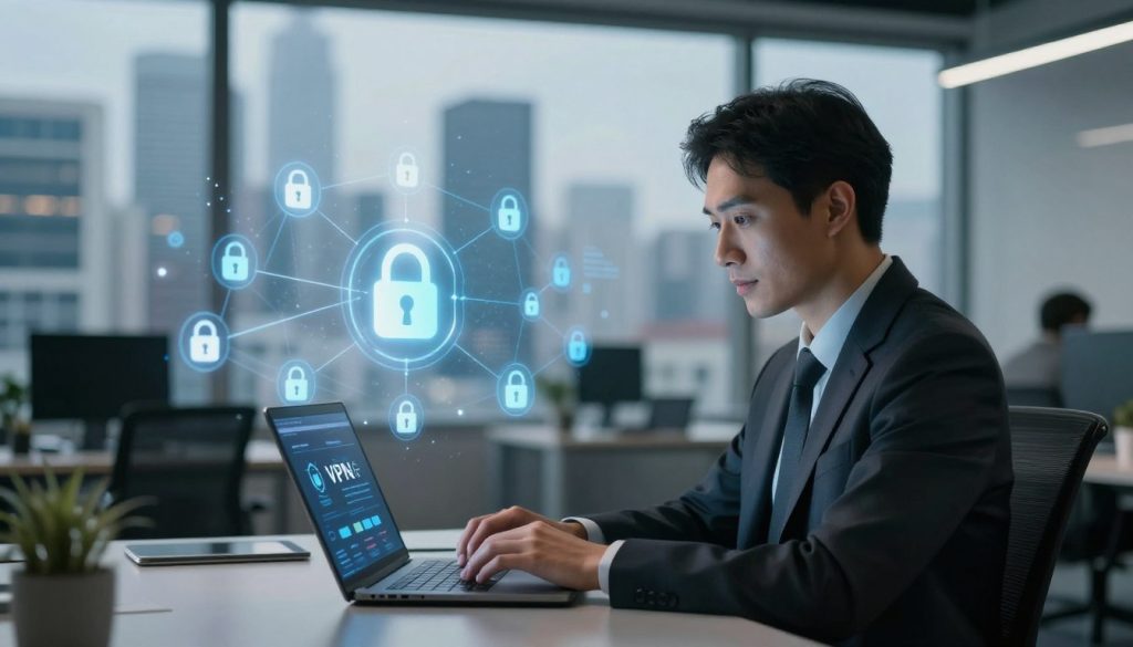 A modern office scene depicting cybersecurity and internet safety themes. In the foreground, a confident business professional in smart attire sits at a sleek desk, intently using a laptop displaying a VPN interface. The middle ground features a blurred array of network security graphics and digital lock icons, symbolizing protection and privacy online. In the background, a large window reveals a bustling city skyline, representing connectivity and the digital world. Soft, ambient lighting enhances a sense of focus and importance, while a shallow depth of field draws attention to the professional's engaged expression. The atmosphere is calm yet dynamic, reflecting the significance of using VPNs in daily online activities.