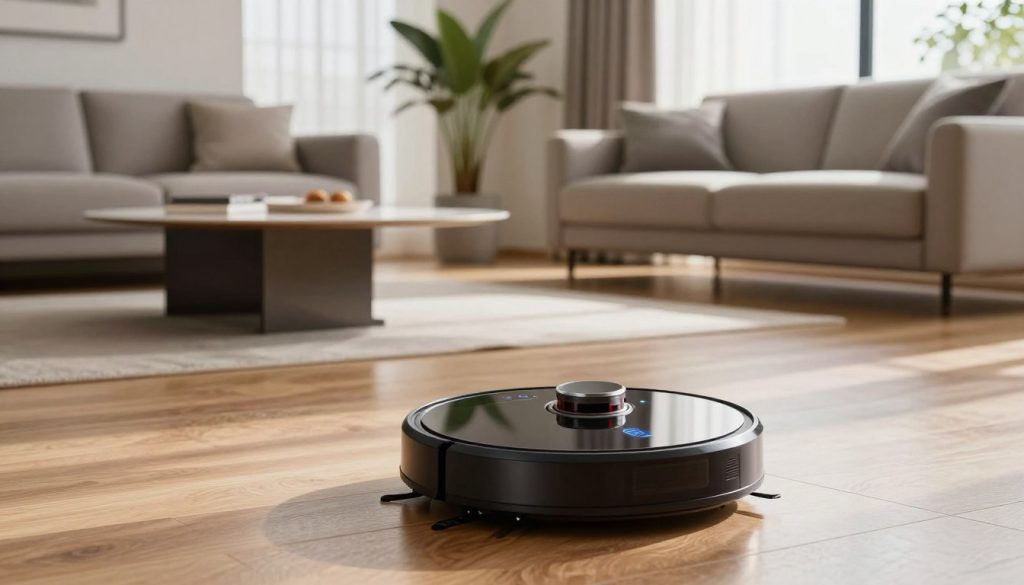 A modern robot vacuum cleaner in a sleek, contemporary living room, highlighting its smart technology features. The vacuum is circular and compact, with a glossy finish and illuminated buttons. In the foreground, polished wooden floors are visibly clean, hinting at the device's effectiveness. In the middle ground, there are minimalistic furniture pieces, like a modern sofa and a stylish coffee table. Soft, natural lighting streams in from large windows, casting gentle shadows and creating a warm atmosphere. In the background, potted plants add a touch of greenery, enhancing the homey feel. The scene conveys an atmosphere of intelligent cleaning automation, depicting the convenience and ease of smart home devices. A modern robot vacuum cleaner in a sleek, contemporary living room, highlighting its smart technology features. The vacuum is circular and compact, with a glossy finish and illuminated buttons. In the foreground, polished wooden floors are visibly clean, hinting at the device's effectiveness. In the middle ground, there are minimalistic furniture pieces, like a modern sofa and a stylish coffee table. Soft, natural lighting streams in from large windows, casting gentle shadows and creating a warm atmosphere. In the background, potted plants add a touch of greenery, enhancing the homey feel. The scene conveys an atmosphere of intelligent cleaning automation, depicting the convenience and ease of smart home devices.