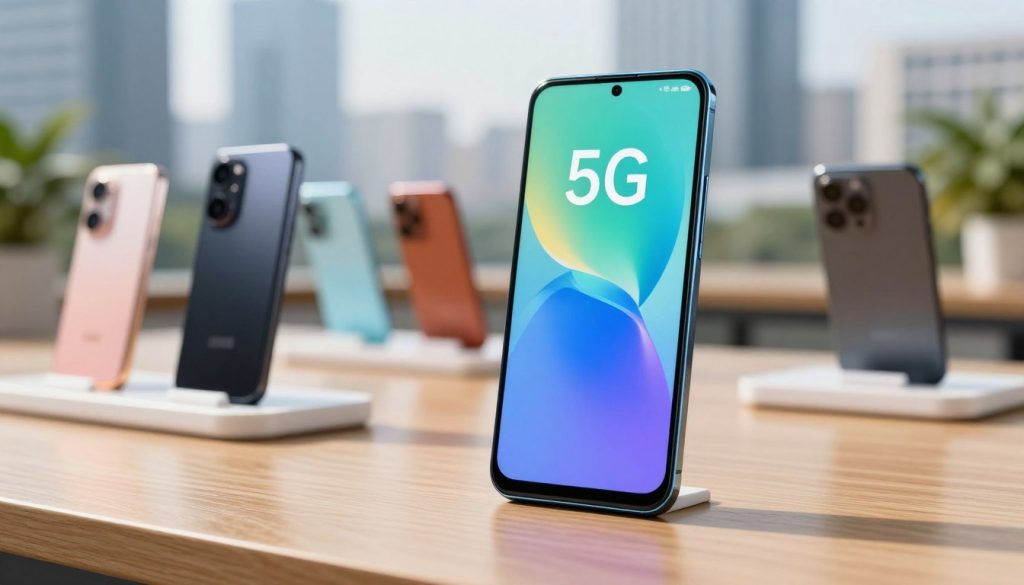 A modern smartphone in close-up, showcasing the sleek design and vibrant screen, with a clear emphasis on its 5G capabilities. In the foreground, highlight features like a high-resolution camera and stylish finishes in diverse colors. The middle ground includes a variety of affordable 5G models displayed on a wooden table, arranged artistically to appeal to tech-savvy consumers. In the background, a soft, blurred urban environment suggests connectivity and modern living, with hints of skyscrapers and greenery to create a balance between technology and nature. Utilize bright, natural lighting to accentuate the details of the phones and evoke a sense of optimism and innovation. Capture the atmosphere of excitement around new technology while maintaining a professional tone throughout the composition.