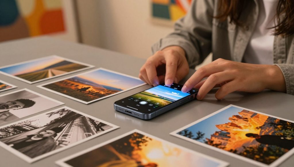 A modern smartphone lying on a sleek table, surrounded by a collection of vibrant photographs showcasing landscapes and portraits taken with advanced camera features. In the foreground, crisp images exhibit different editing styles—some with filters like sepia and black-and-white, others displaying bright, vivid colors. The middle ground reveals a person in smart casual attire, expertly adjusting settings on the phone's camera app, enhancing the photos with intuitive AI-driven editing tools. The background features a softly lit room with abstract art on the walls, emphasizing a creative atmosphere. The scene is illuminated with warm, ambient lighting, creating a cozy and inspiring mood ideal for exploring the latest advancements in photography on mobile devices.