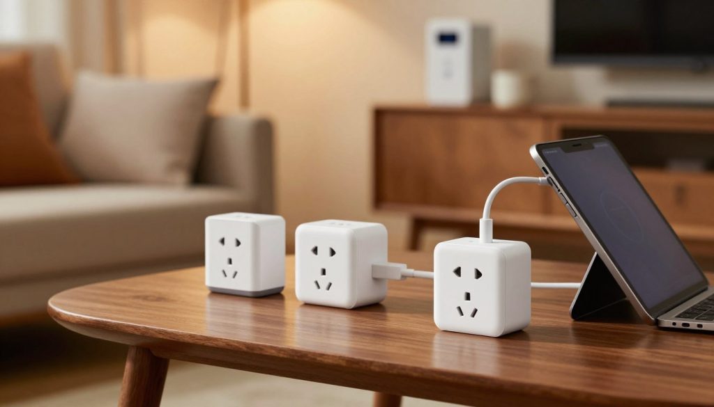 A modern, stylish smart home interior showcasing smart plugs and power adapters integrated into an elegant living space. In the foreground, a sleek, minimalist smart plug is visibly connected to a tablet charging. The middle ground features an array of device adapters neatly arranged on a wooden side table, highlighting their versatility. In the background, a softly lit living area with warm lighting creates a cozy atmosphere, emphasizing stability and control in home energy management. A subtle shelf displays a compact uninterruptible power supply (UPS), indicating reliability. The scene is captured with a slight depth of field, enhancing focus on the smart devices while maintaining a homey ambiance. The overall mood is warm, inviting, and tech-savvy. A modern, stylish smart home interior showcasing smart plugs and power adapters integrated into an elegant living space. In the foreground, a sleek, minimalist smart plug is visibly connected to a tablet charging. The middle ground features an array of device adapters neatly arranged on a wooden side table, highlighting their versatility. In the background, a softly lit living area with warm lighting creates a cozy atmosphere, emphasizing stability and control in home energy management. A subtle shelf displays a compact uninterruptible power supply (UPS), indicating reliability. The scene is captured with a slight depth of field, enhancing focus on the smart devices while maintaining a homey ambiance. The overall mood is warm, inviting, and tech-savvy.