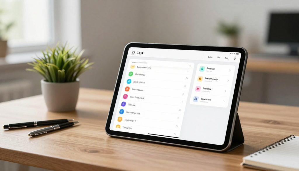 A modern task management app interface displayed on a sleek tablet device, placed on a wooden desk. The foreground features vibrant task lists with colorful checkboxes, including various icons representing tasks, notes, and deadlines. In the middle, a small potted plant adds a touch of nature, while a stylish pen and notepad hint at productivity. The background includes a softly blurred office setting with minimalistic decor and soft window light streaming in, creating an inviting and focused atmosphere. The image evokes a sense of organization and efficiency, perfect for illustrating the concept of free task managers promoting productivity without subscription fees. The overall mood is bright and motivating.