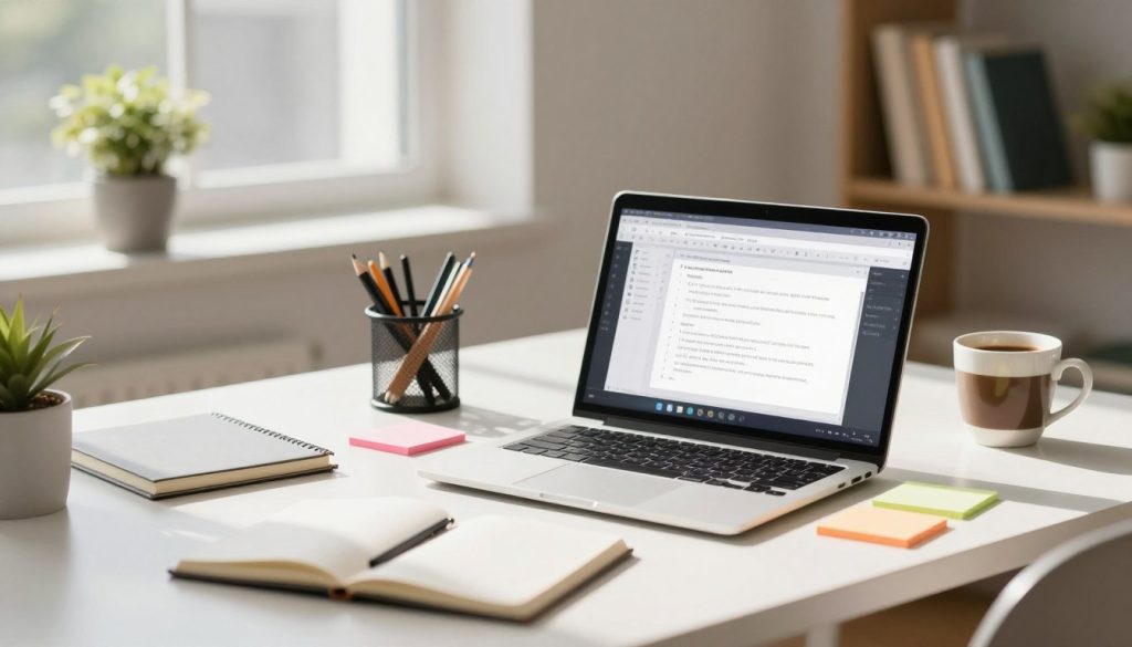 A modern workspace featuring a bright, inviting atmosphere. In the foreground, a sleek laptop is open with a word processor application visible, surrounded by colorful sticky notes and a minimalistic notepad. In the middle ground, a stylish desk organizer holds various writing utensils, and a cup of coffee adds warmth. Soft, natural light streams in through a nearby window, creating interesting shadows and highlighting the ergonomics of the space. In the background, blurred out, there's a potted plant and a bookshelf filled with neatly arranged books further enhancing the professional yet relaxed environment. The mood is productive and inspiring, with an emphasis on simplicity and essential tools for editing text and documents.