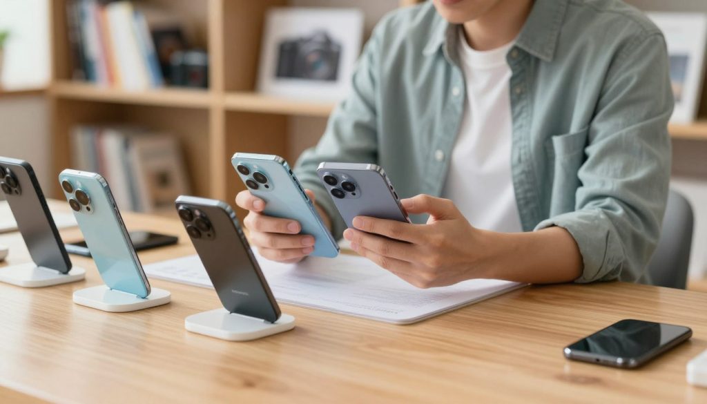 A professional and engaging workspace showcasing the process of selecting a smartphone based on camera quality. In the foreground, display a variety of smartphones with impressive camera setups, elegantly arranged on a wooden desk. In the middle, include a person in smart casual attire thoughtfully examining two smartphones, comparing their features and specifications. The background should feature a softly blurred library with books on photography and technology, enhancing the educational atmosphere. Utilize bright, natural lighting to create a welcoming and informative mood, with a slight focus effect on the smartphones to draw attention to them. Capture the scene from a slightly elevated angle, emphasizing clarity and detail without distractions.