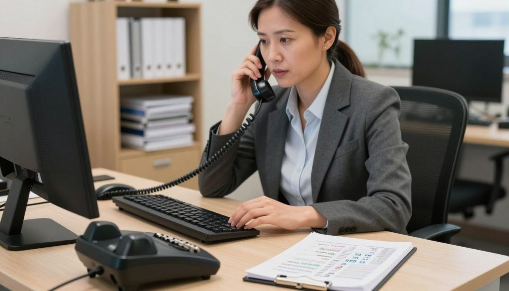 A professional workspace setting featuring a person in business attire, sitting at a desk with a computer and an old-fashioned telephone. The foreground includes a close-up of the telephone with its dialing pad and a notepad with activation codes scattered nearby. In the middle ground, the person, a middle-aged woman, is focused on talking through the phone, conveying concentration and determination. The background shows shelves with computer manuals and a modern office environment, softly lit to create a warm, inviting atmosphere. The lighting is bright but soft, enhancing clarity without harsh shadows, shot from a slightly elevated angle to capture both the person's expression and the desk's details. The overall mood is one of proactive problem-solving and professionalism.