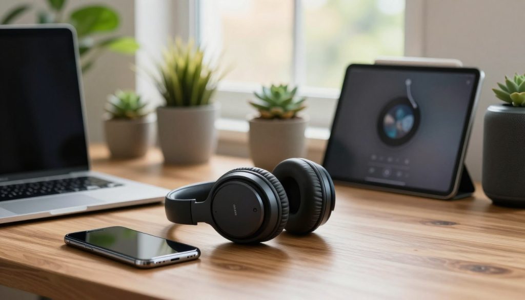 A serene and modern workspace showcasing a harmonious ecosystem of technology. In the foreground, a sleek pair of high-quality Bluetooth headphones rests on a polished wooden desk, surrounded by a smartphone, tablet, and smart speaker, all reflecting the latest design trends. The middle ground features greenery, such as potted plants and a small succulent garden, adding life and freshness to the tech environment. The background displays a large window with natural light pouring in, illuminating the scene with a warm glow, creating an inviting atmosphere. The lens perspective emphasizes clarity on the headphones and devices, while soft bokeh highlights the professional and contemporary feel. This image captures the integration of audio technology within a balanced lifestyle. A serene and modern workspace showcasing a harmonious ecosystem of technology. In the foreground, a sleek pair of high-quality Bluetooth headphones rests on a polished wooden desk, surrounded by a smartphone, tablet, and smart speaker, all reflecting the latest design trends. The middle ground features greenery, such as potted plants and a small succulent garden, adding life and freshness to the tech environment. The background displays a large window with natural light pouring in, illuminating the scene with a warm glow, creating an inviting atmosphere. The lens perspective emphasizes clarity on the headphones and devices, while soft bokeh highlights the professional and contemporary feel. This image captures the integration of audio technology within a balanced lifestyle.