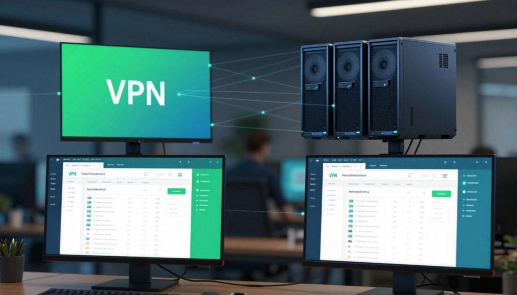 A side-by-side comparison of recommended paid VPN options for PC, showcasing sleek and modern server interfaces. In the foreground, feature two high-tech computer screens displaying VPN dashboards, with vivid color schemes and user-friendly layouts. The middle layer includes a subtle overlay of connecting lines symbolizing secure connections and data transfer. In the background, a softly blurred office setting with dim ambient lighting emphasizes a professional atmosphere. Use a slight depth of field effect to create focus on the screens, while allowing the background to remain softly in focus. The overall mood should convey trust and security, with cool blue and green tones dominating the color palette for a tech-savvy feel.