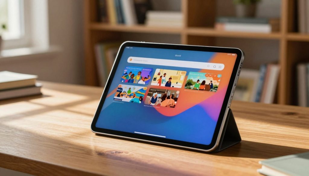 A sleek Apple iPad 11th generation tablet prominently displayed on a wooden study desk, showcasing its design and vibrant screen. The tablet is open, displaying a colorful educational app, reflecting a dynamic learning environment. In the background, a softly blurred bookshelf filled with educational materials creates an inviting atmosphere. Dappled sunlight filters through a nearby window, casting warm light across the scene and enhancing the tablet's sleek metallic finish. The angle is slightly above eye level, focusing on the tablet's screen while including just enough of the desk to suggest a cozy studying space. The overall mood is focused and inspiring, ideal for study and learning, with an emphasis on modern technology in education.