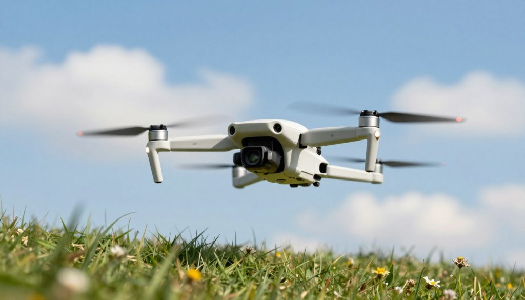 A sleek DJI Mini 2 SE drone hovers gracefully in a serene outdoor setting, showcasing its compact and stylish design. The drone's body is a smooth white with subtle gray accents, highlighting its modern aesthetic. In the foreground, blades of green grass and small wildflowers add a touch of natural beauty, while the middle ground features a panoramic view of a clear blue sky dotted with fluffy white clouds. Soft sunlight bathes the scene, casting gentle shadows that enhance the drone’s features. Capture the image from a slightly elevated angle, creating a dynamic perspective that conveys the idea of aerial exploration. The overall mood is one of tranquility and adventure, perfect for illustrating the reliability and impressive flight time of the DJI Mini 2 SE.