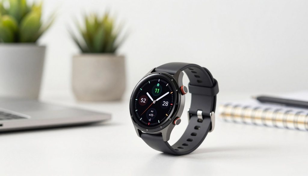 A sleek Galaxy Watch displayed prominently in the foreground, showcasing its modern design and health monitoring features. The watch face should be illuminated, highlighting its vibrant display of health metrics, like heart rate and steps. In the middle ground, a soft-focus background of a stylish, contemporary workspace with a health-focused atmosphere, featuring a plant and a fitness journal. The lighting is bright and clean, creating a fresh and motivating vibe. The angle captures the watch at a slight tilt to emphasize its elegant contours. The overall mood is one of innovation and well-being, conveying the sophistication of premium health-focused smartwatches in the Android ecosystem. A sleek Galaxy Watch displayed prominently in the foreground, showcasing its modern design and health monitoring features. The watch face should be illuminated, highlighting its vibrant display of health metrics, like heart rate and steps. In the middle ground, a soft-focus background of a stylish, contemporary workspace with a health-focused atmosphere, featuring a plant and a fitness journal. The lighting is bright and clean, creating a fresh and motivating vibe. The angle captures the watch at a slight tilt to emphasize its elegant contours. The overall mood is one of innovation and well-being, conveying the sophistication of premium health-focused smartwatches in the Android ecosystem.