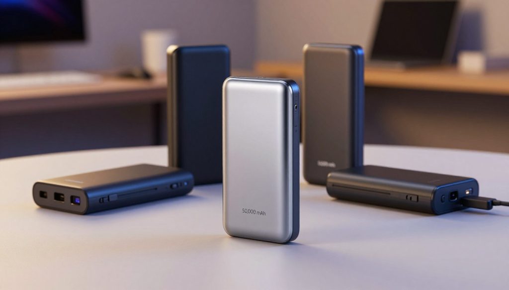 A sleek and modern 10,000 mAh power bank showcased prominently in the foreground, gleaming with a polished metallic finish. Surrounding it are a few other power bank models (5,000 mAh, 12,000 mAh, and 20,000 mAh) in varying sizes and colors to indicate their capacities, arranged tastefully on a minimalist white surface. The background features a soft-focus tech-inspired workspace with ambient lighting, suggesting a high-tech atmosphere. The lighting is warm and inviting, highlighting the contours and features of the power banks. The angle is slightly elevated, giving a comprehensive view of the products and emphasizing their functionality and design. The overall mood conveys professionalism and innovation, perfect for a technology-focused audience. A sleek and modern 10,000 mAh power bank showcased prominently in the foreground, gleaming with a polished metallic finish. Surrounding it are a few other power bank models (5,000 mAh, 12,000 mAh, and 20,000 mAh) in varying sizes and colors to indicate their capacities, arranged tastefully on a minimalist white surface. The background features a soft-focus tech-inspired workspace with ambient lighting, suggesting a high-tech atmosphere. The lighting is warm and inviting, highlighting the contours and features of the power banks. The angle is slightly elevated, giving a comprehensive view of the products and emphasizing their functionality and design. The overall mood conveys professionalism and innovation, perfect for a technology-focused audience.