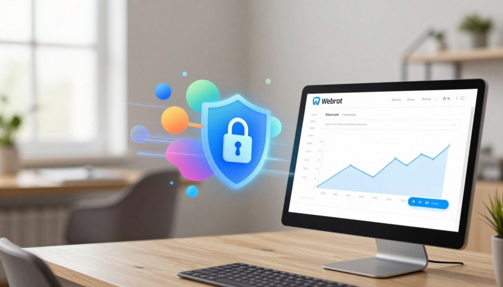 A sleek digital illustration showcasing Webroot antivirus software, emphasizing its lightweight and fast scanning capabilities. In the foreground, a modern computer screen displaying the Webroot interface, with graphs and scanning progress indicators. In the middle ground, vibrant abstract shapes representing data security and protection, intertwined with light trails symbolizing speed. The background features a blurred image of a home office environment, softly lit with natural light streaming through a window, creating a professional and inviting atmosphere. The overall mood should convey a sense of security, efficiency, and modern technology, while maintaining a clean and organized aesthetic. Use a wide-angle lens perspective to emphasize the depth of the scene.