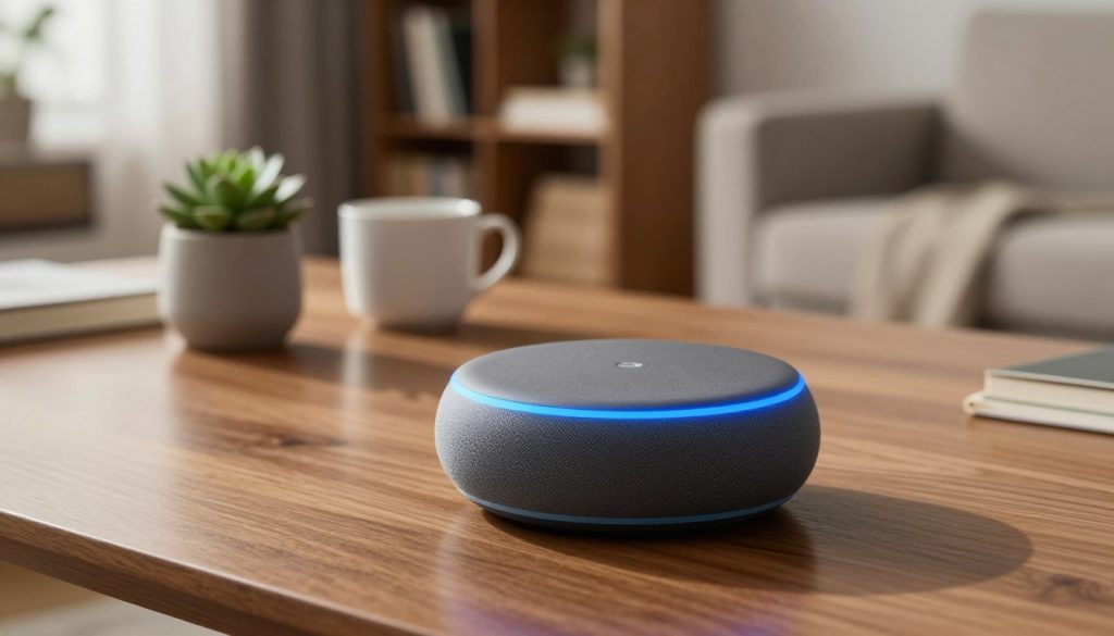 A sleek, modern Echo Dot sits prominently in the foreground, with its smooth, spherical design highlighted by soft, diffused lighting that casts gentle shadows. The device, adorned in a charcoal grey fabric finish, features its signature blue ring glowing softly, creating a warm and inviting atmosphere. In the middle ground, an elegant wooden table reflects the contemporary home environment, adorned with a few minimalistic decor items, such as a potted succulent and a coffee mug. In the background, a softly blurred living room setting showcases a stylish bookshelf and cozy seating area, enhancing the overall ambiance of a smart home. The image is captured at a slight angle to emphasize the Echo Dot’s design and functionality, evoking a sense of modern technology seamlessly integrated into daily life.