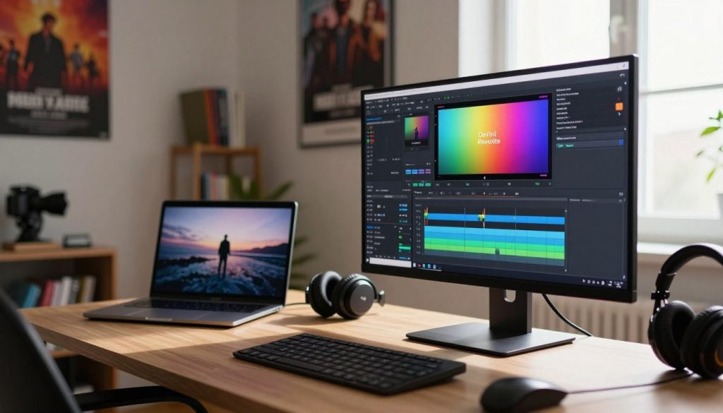 A sleek, modern desktop setup showcasing DaVinci Resolve in action, positioned in the foreground. The screen displays vibrant color grading and video editing timelines, reflecting a professional quality. In the middle ground, a well-lit workspace featuring a stylish laptop and high-resolution monitor, surrounded by editing tools like headphones and a camera. The background features a wall adorned with film posters and a soft-focus bookshelf filled with filmmaking books. Natural light streams through a nearby window, casting a warm glow that creates a creative and inspiring atmosphere. The overall mood is focused and professional, suitable for video editing enthusiasts, capturing the essence of DaVinci Resolve as a powerful, free editing software. A sleek, modern desktop setup showcasing DaVinci Resolve in action, positioned in the foreground. The screen displays vibrant color grading and video editing timelines, reflecting a professional quality. In the middle ground, a well-lit workspace featuring a stylish laptop and high-resolution monitor, surrounded by editing tools like headphones and a camera. The background features a wall adorned with film posters and a soft-focus bookshelf filled with filmmaking books. Natural light streams through a nearby window, casting a warm glow that creates a creative and inspiring atmosphere. The overall mood is focused and professional, suitable for video editing enthusiasts, capturing the essence of DaVinci Resolve as a powerful, free editing software.