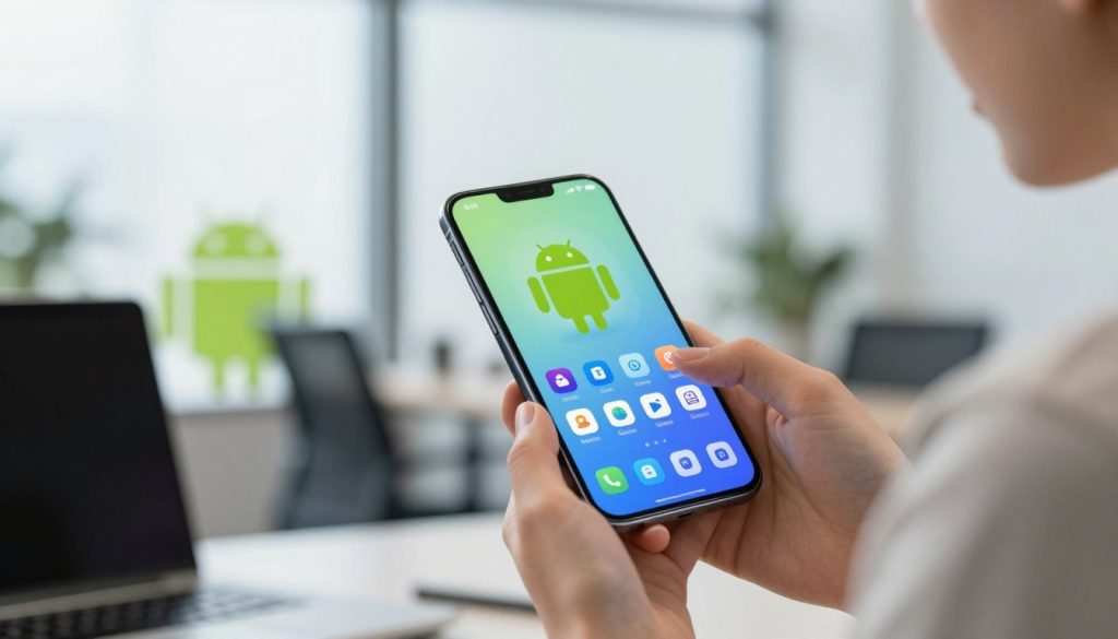 A sleek, modern smartphone displaying the Android operating system interface, featuring vibrant app icons and a clean, user-friendly layout. The foreground includes the phone held by a professional wearing a smart casual outfit, with hands focused on the screen. In the middle ground, a stylized digital representation of the Android logo subtly integrates with various icons symbolizing security features and updates. The background consists of a softly blurred office environment with natural lighting filtering through large windows, creating a bright atmosphere. The angle captures an engaging perspective that highlights both the device and the user interaction. The overall mood conveys professionalism and innovation, reflecting the essence of the Android system and its importance in technology today.