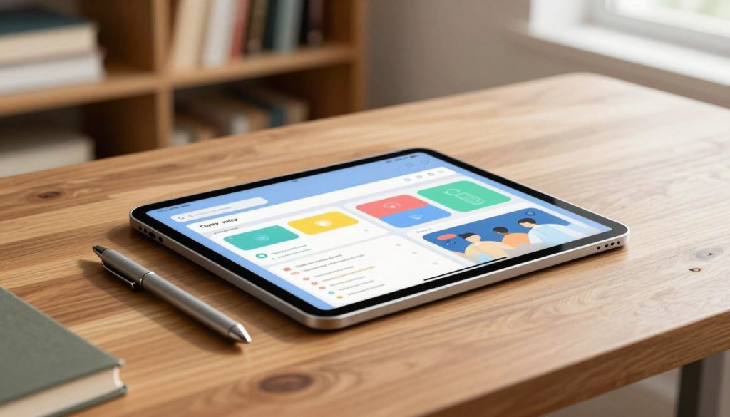 A sleek, modern tablet lies on a polished wooden desk, next to a stylish digital pen, showcasing its functionality for studying. The tablet's vibrant screen displays an interactive study app with colorful graphics, and the pen rests elegantly beside it, hinting at its use for note-taking and drawing. In the background, soft-focus shelves filled with books create an academic atmosphere. The scene is illuminated by warm, natural light filtering through a nearby window, casting gentle shadows. Capture this image from a slightly elevated angle to emphasize the tablet and accessories as the focal point, evoking a mood of productivity and creativity in a study setting.
